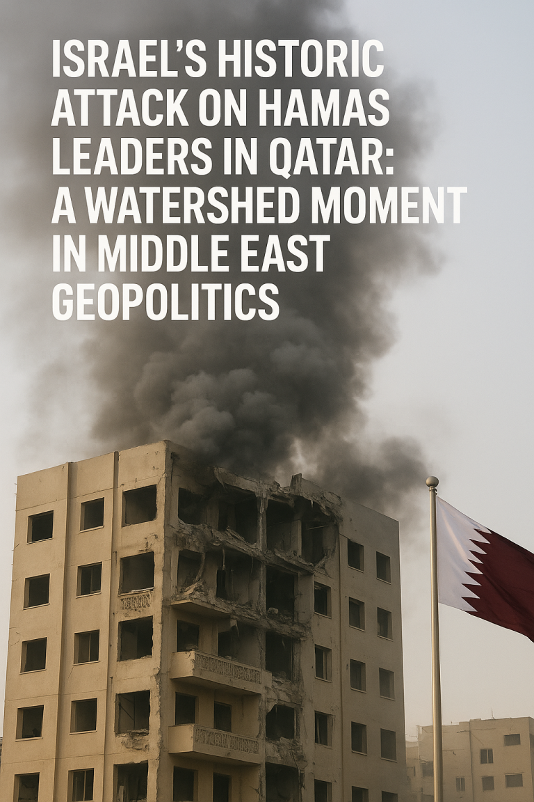Damaged building with smoke in Doha, Qatar, after Israeli airstrike targeting Hamas leaders during ceasefire talks.