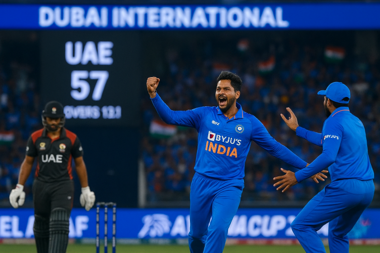 Indian cricketers celebrating during Asia Cup 2025 after bowling out UAE for 57 runs in Dubai.
