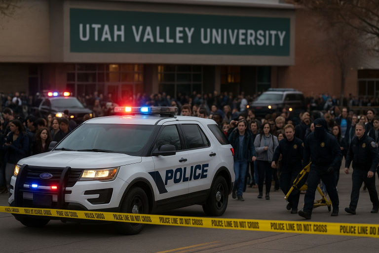 Police vehicles and emergency responders outside Utah Valley University after the fatal shooting of Charlie Kirk during a campus event.