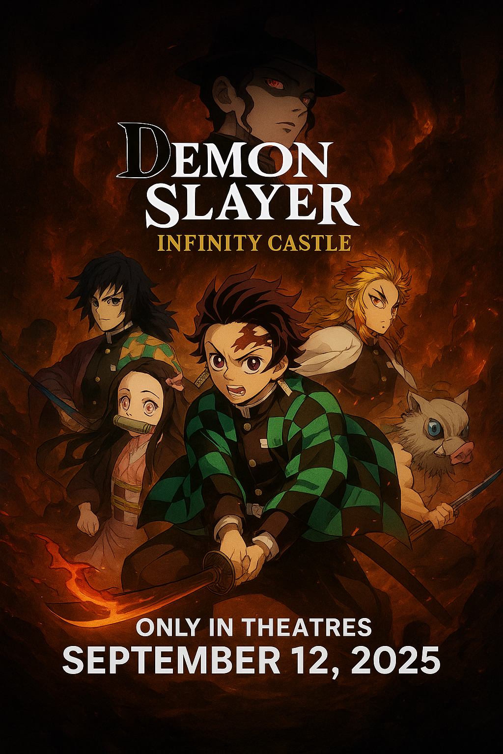 A cinematic poster for Demon Slayer: Infinity Castle featuring Tanjiro, Nezuko, and the Hashira facing off against Upper Rank demons inside Muzan’s shifting stronghold, promoting the English theatrical release in September 2025.