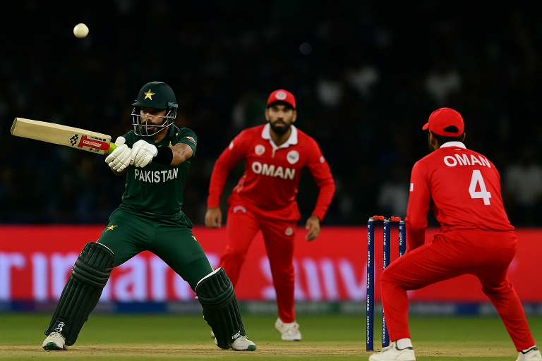 Pakistan vs Oman Asia Cup 2025 cricket match action photo at Dubai International Cricket Stadium.