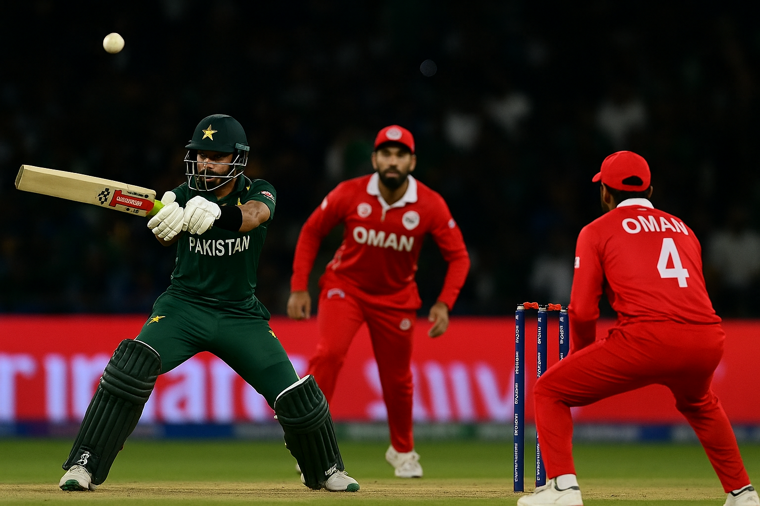 Pakistan vs Oman Asia Cup 2025 cricket match action photo at Dubai International Cricket Stadium.