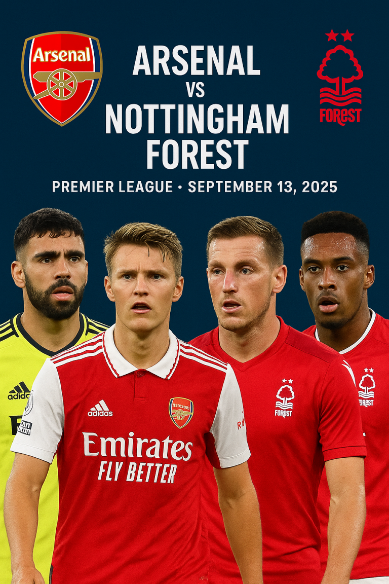 Arsenal and Nottingham Forest players featured in a Premier League news graphic with faces, highlighting the Emirates clash and financial comparison between the clubs.