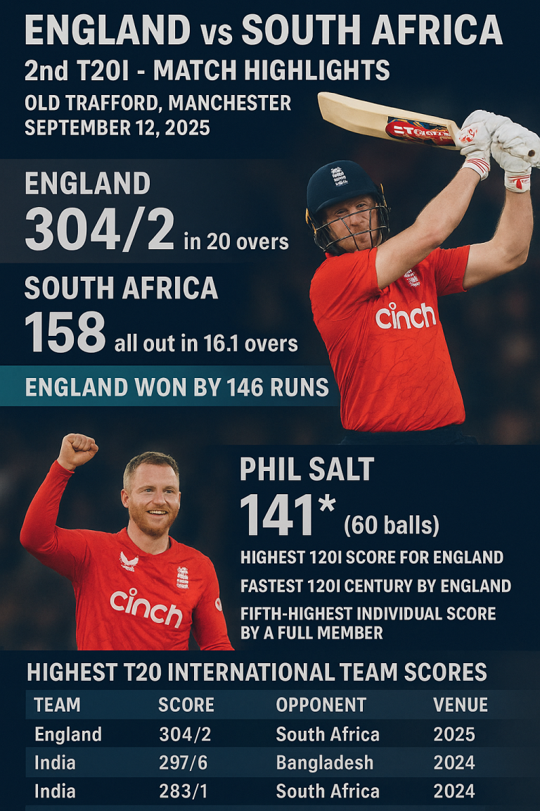 Phil Salt celebrates his record-breaking 141* as England post 304/2 against South Africa in the 2nd T20I at Old Trafford, September 2025.