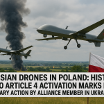 Two Russian drones with red star markings fly over Polish countryside as smoke rises, with a Polish flag in the foreground, representing NATO’s Article 4 activation.
