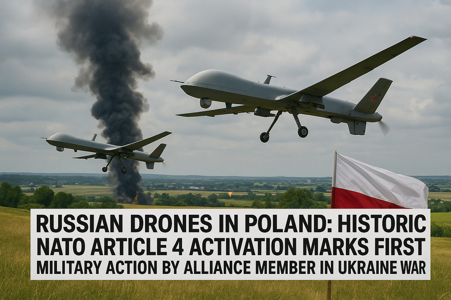 Two Russian drones with red star markings fly over Polish countryside as smoke rises, with a Polish flag in the foreground, representing NATO’s Article 4 activation.