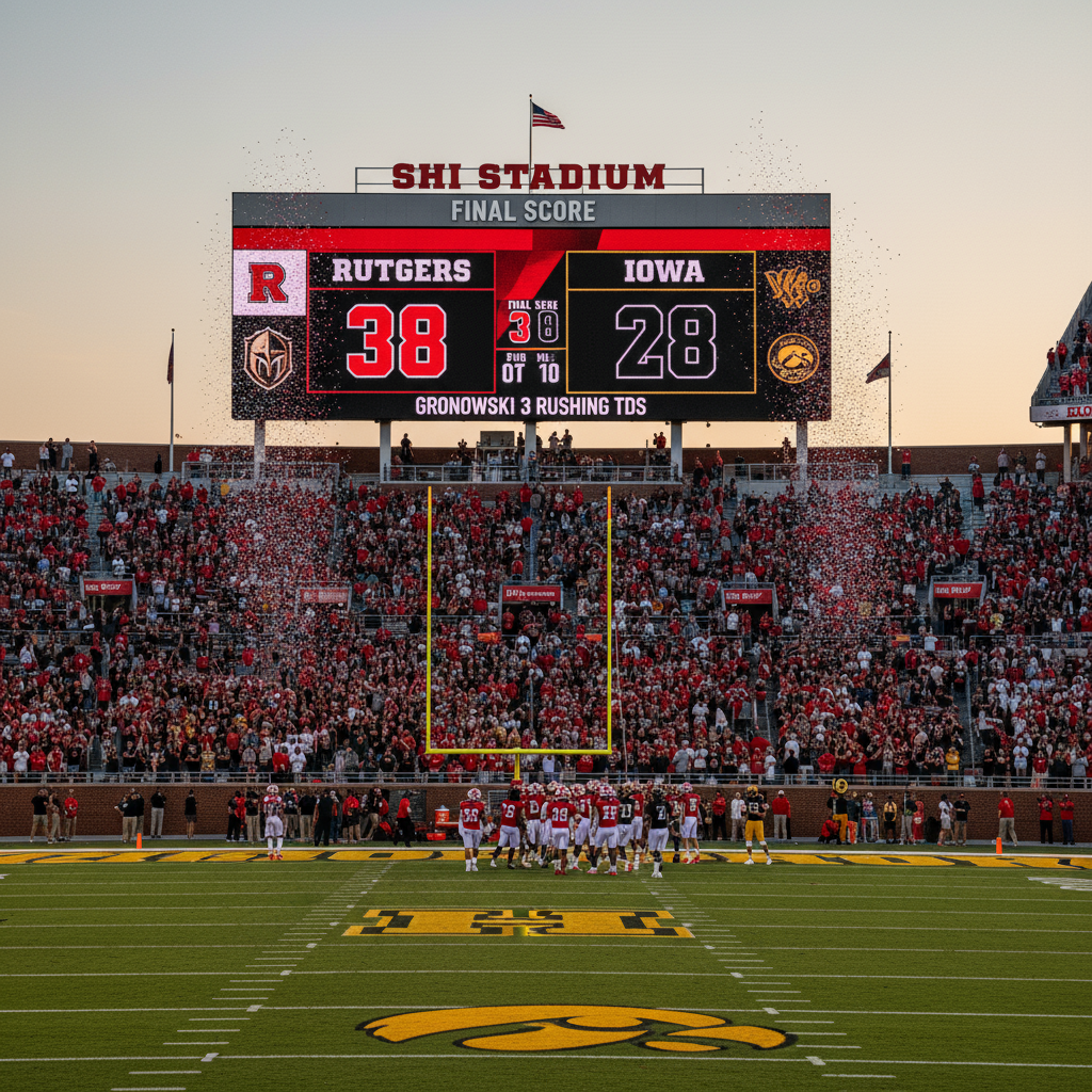 Score graphic showing Iowa 38–28 Rutgers with note “Gronowski 3 rushing TDs” and SHI Stadium record attendance 55,942 backdrop.