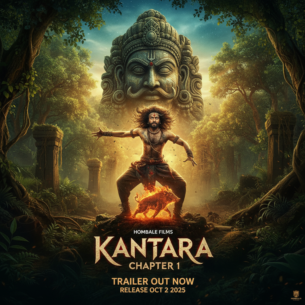 Poster frame of Kantara: Chapter 1 showing Rishab Shetty with mythological backdrop; text noting trailer date Sept 22 and release Oct 2 in IMAX/4DX