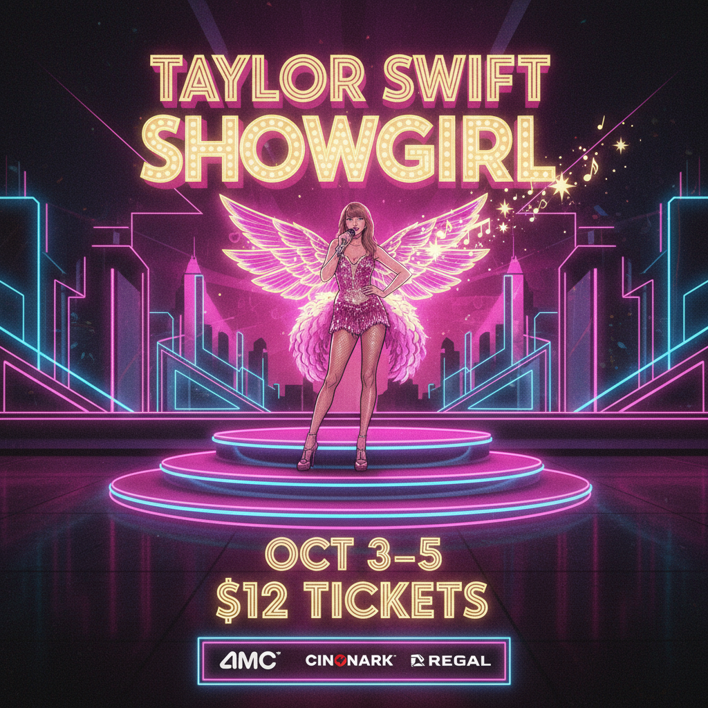 Poster promoting Taylor Swift’s ‘Official Release Party of a Showgirl’ with Oct 3–5 dates, $12 price, AMC/Cinemark/Regal badges, cinematic stage motif.