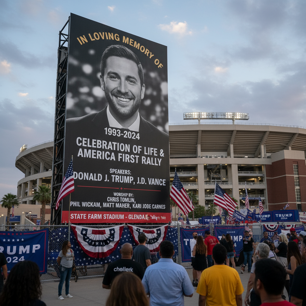 Poster-style graphic reading “Charlie Kirk Memorial — State Farm Stadium, Glendale AZ” with lines noting speeches by Trump and JD Vance and worship led by Tomlin, Lake, Wickham, Jobe, and Carnes over a stadium backdrop.