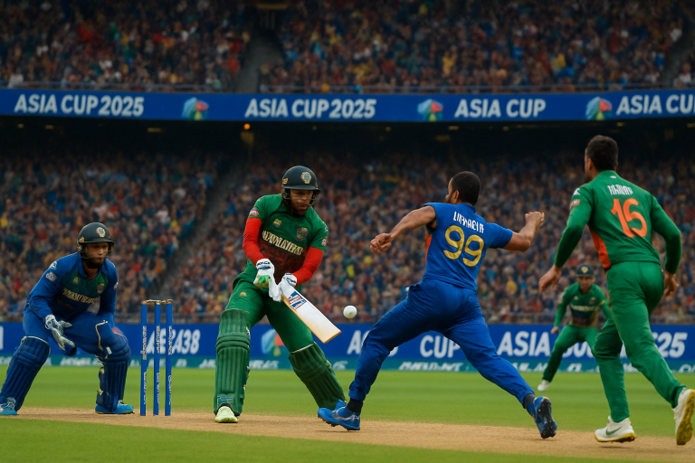 “Asia Cup 2025 cricket match graphic of Bangladesh vs Sri Lanka at Sheikh Zayed Stadium, Abu Dhabi.”