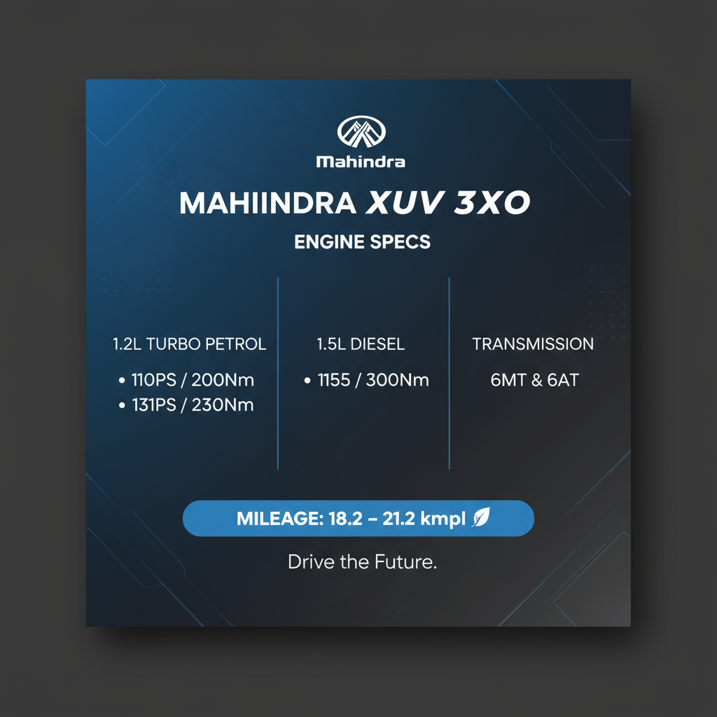 Poster showing Mahindra XUV 3XO engine and specification highlights: 1.2L turbo‑petrol (110PS/200Nm and 131PS/230Nm), 1.5L diesel (115PS/300Nm), 6MT and 6AT, mileage 18.2–21.2 kmpl on a clean modern layout. 
