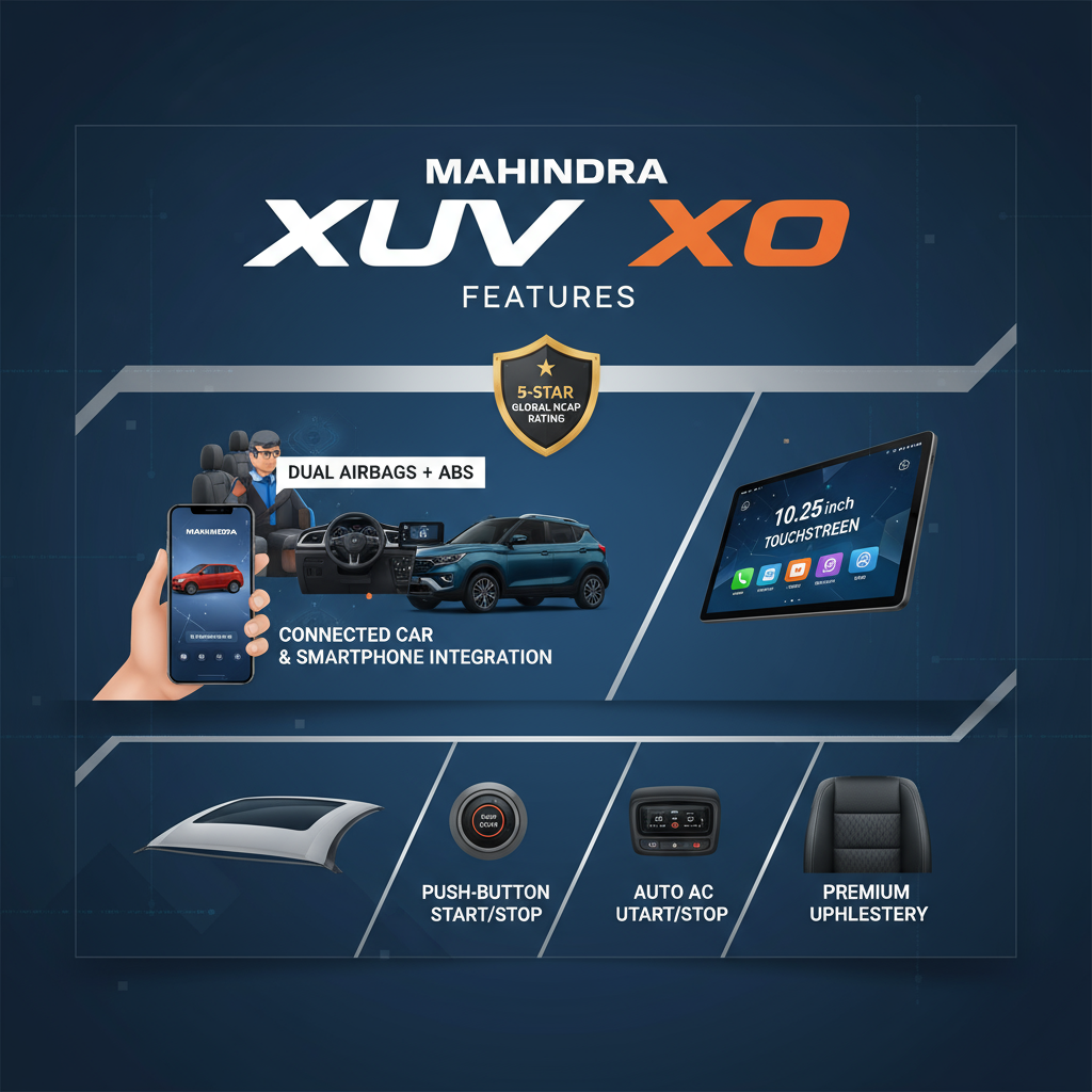 Poster showing Mahindra XUV 3XO features list: 5‑star Global NCAP, dual airbags, ABS, 10.25‑inch touchscreen, connected car, smartphone integration, panoramic sunroof, auto AC, push‑button start/stop, premium upholstery on a clean modern layout