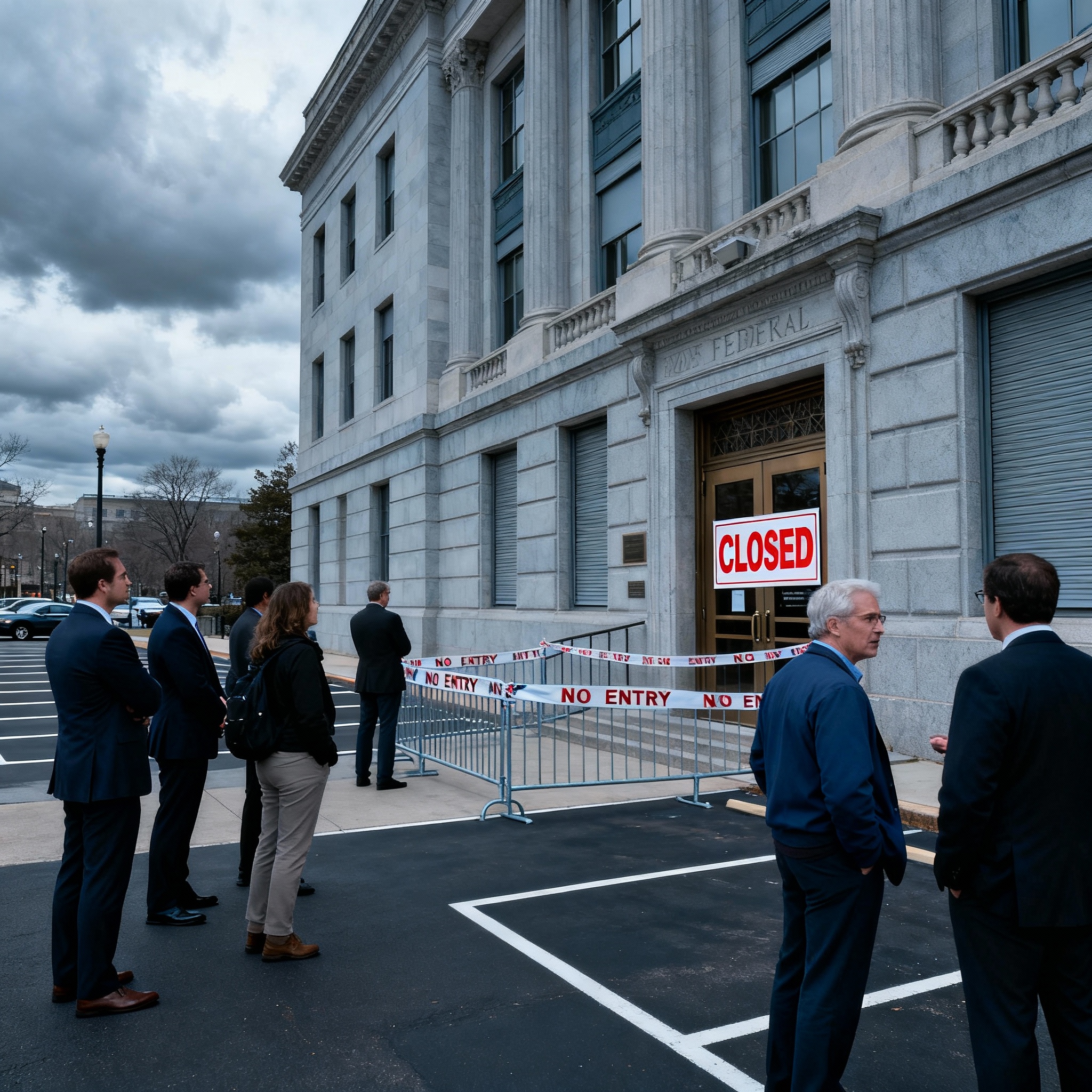 Closed sign at a federal building during the 2025 U.S. government shutdown with pedestrians near security barriers