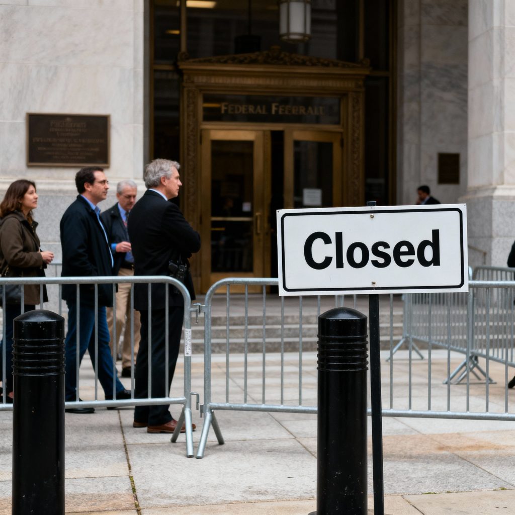 Closed sign at a federal building during the 2025 U.S. government shutdown with pedestrians near security barriers
