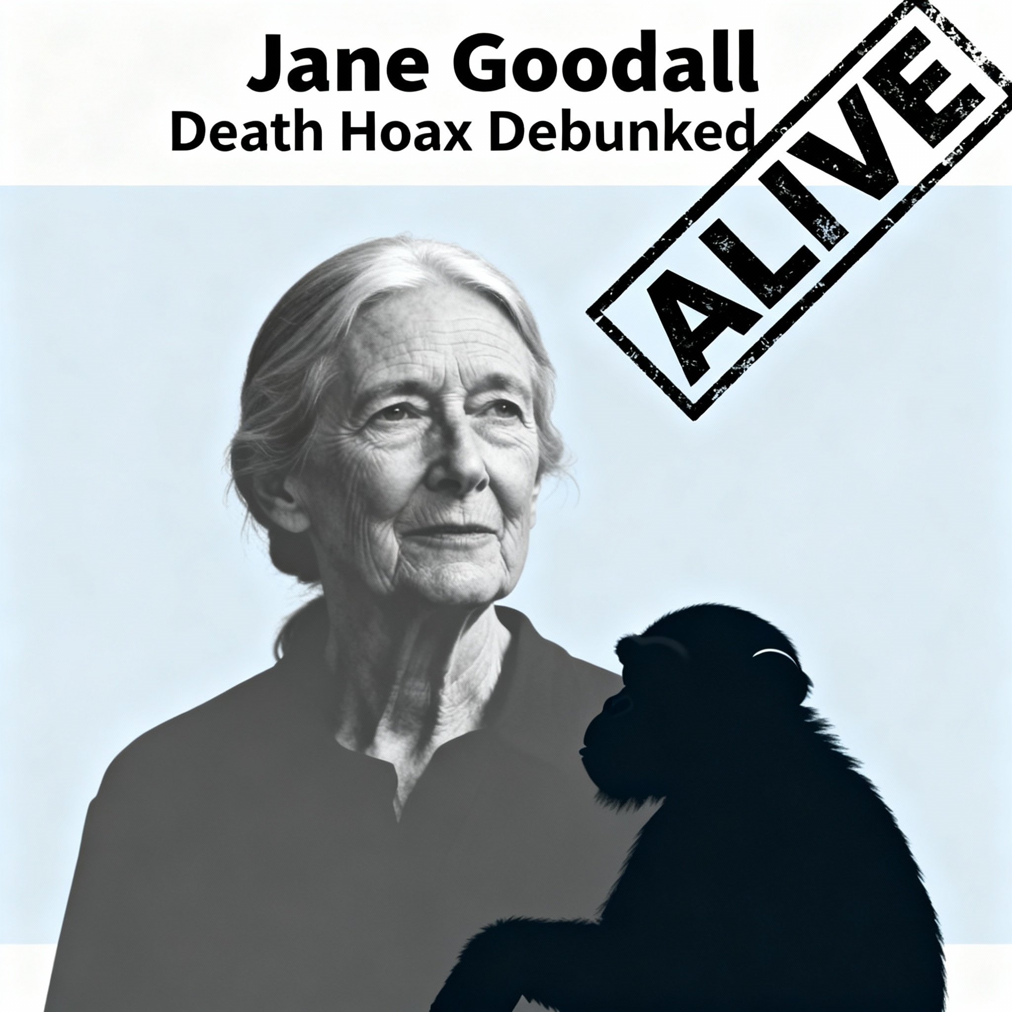 Clean news cover showing Jane Goodall-themed silhouette beside a chimpanzee, with a bold ALIVE badge indicating the death hoax is false.